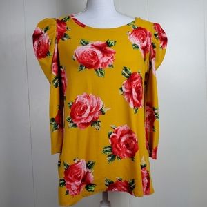 Piphany Yellow Pink floral puff sleeve top size medium